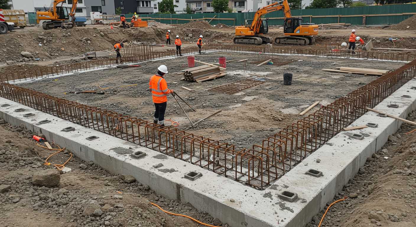 Монолитный плитный фундамент в процессе заливки