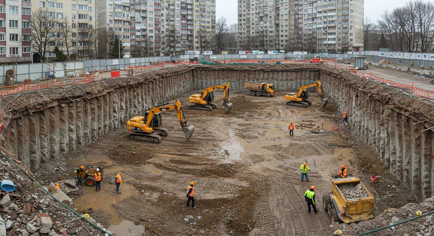 Разработка котлована под многоэтажное здание с техникой
