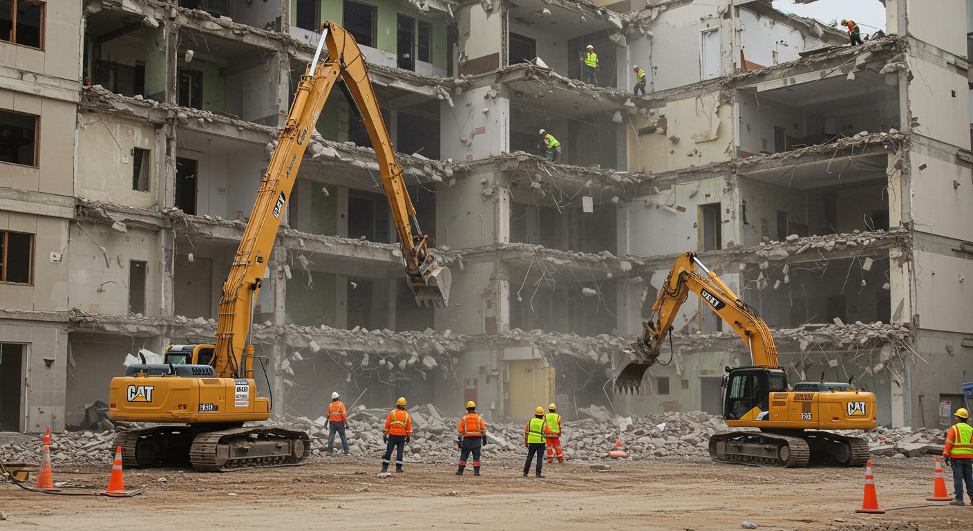 Демонтаж многоэтажного здания с помощью специализированной техники