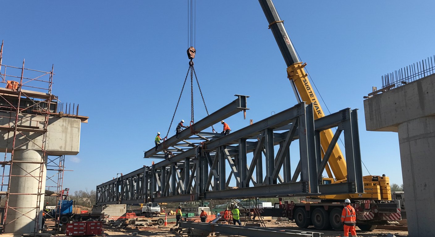 Монтаж металлических мостовых пролетов