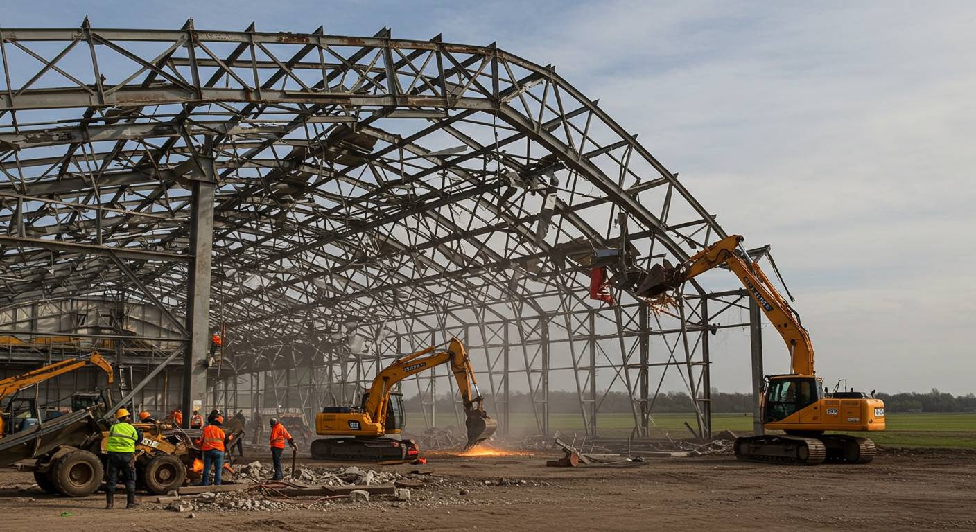 Демонтаж металлического ангара спецтехникой