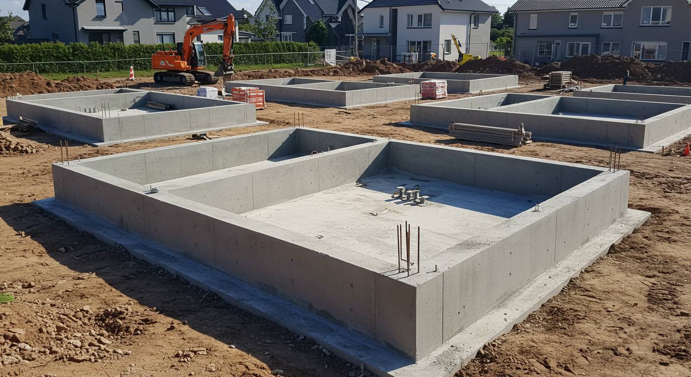 Монолитный фундамент жилого дома в процессе строительства