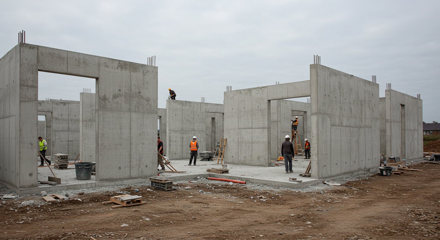 Монолитные стены жилого дома на этапе строительства