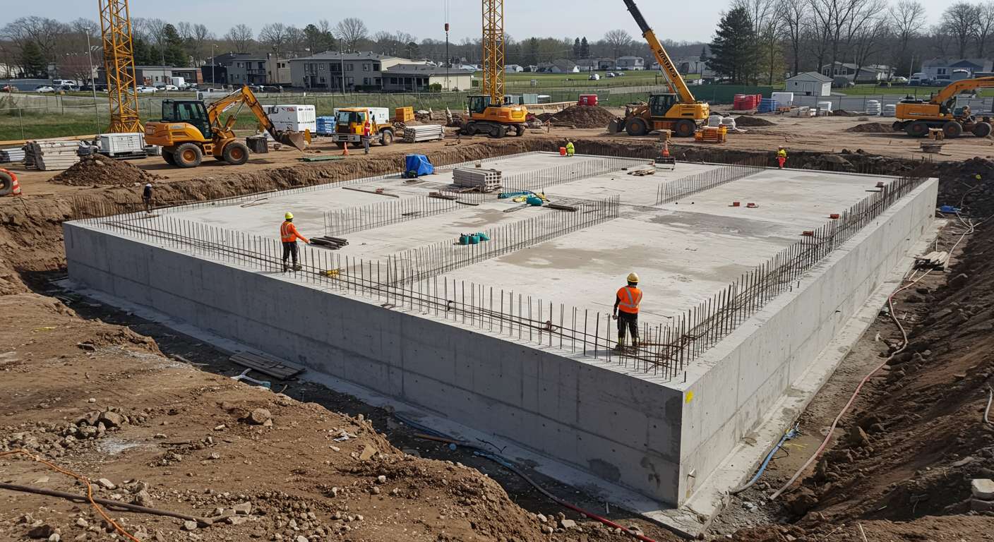 Монолитный фундамент для коммерческого здания на строительной площадке