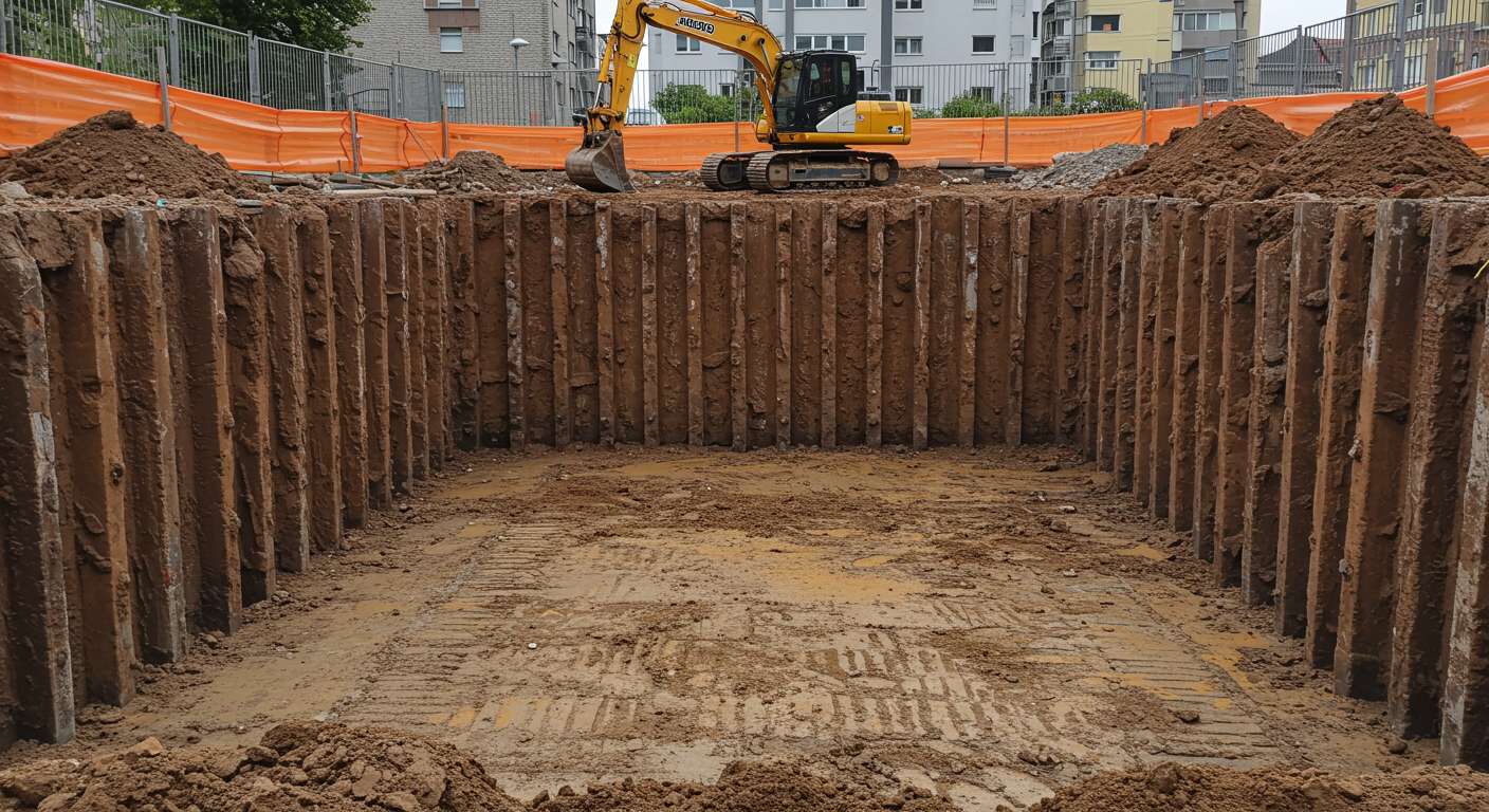 Укрепление стенок котлована металлическими шпунтами