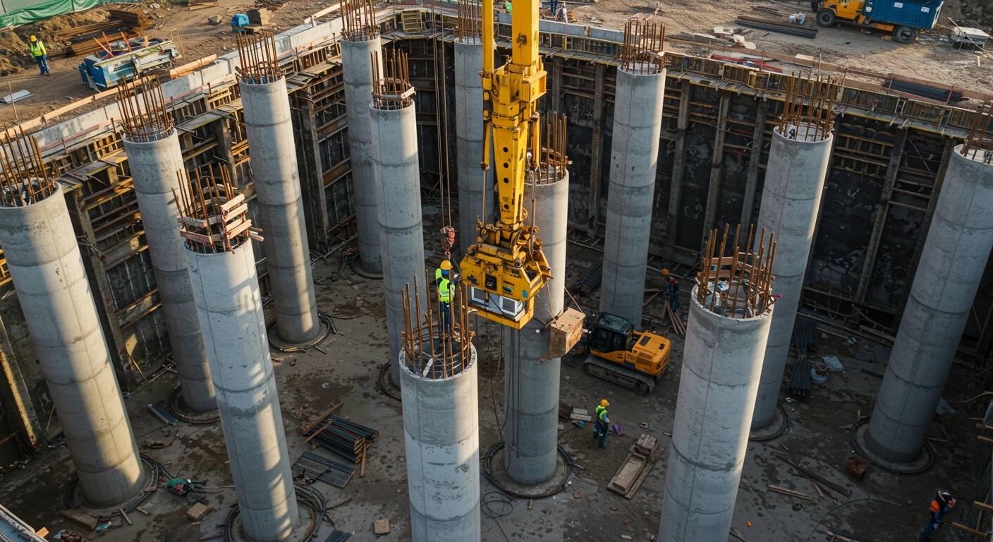 Монтаж кессонных железобетонных колонн