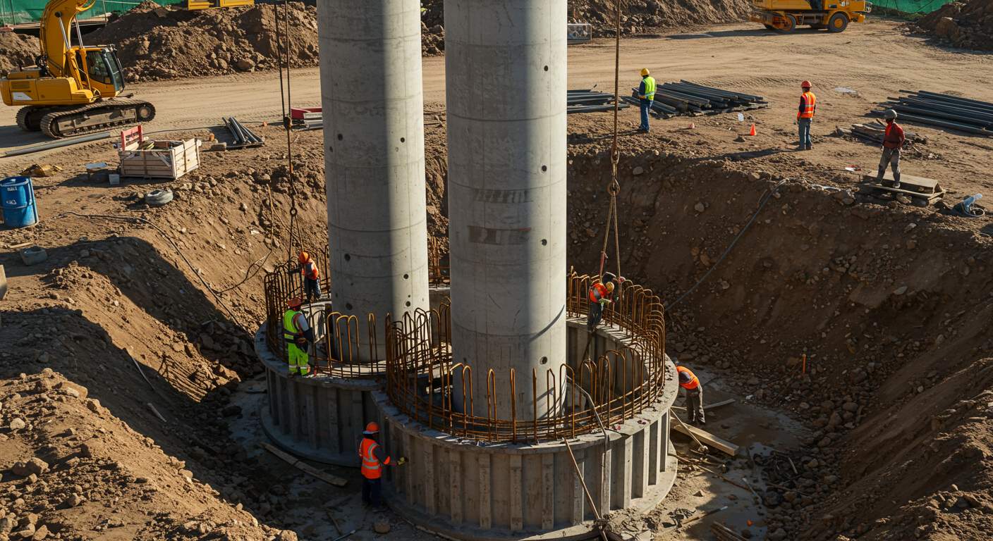 Монтаж кессонных железобетонных колонн