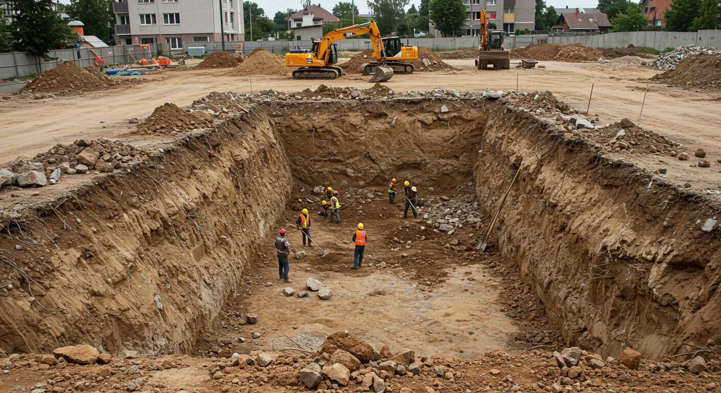 Ручная разработка котлована рабочими с лопатами