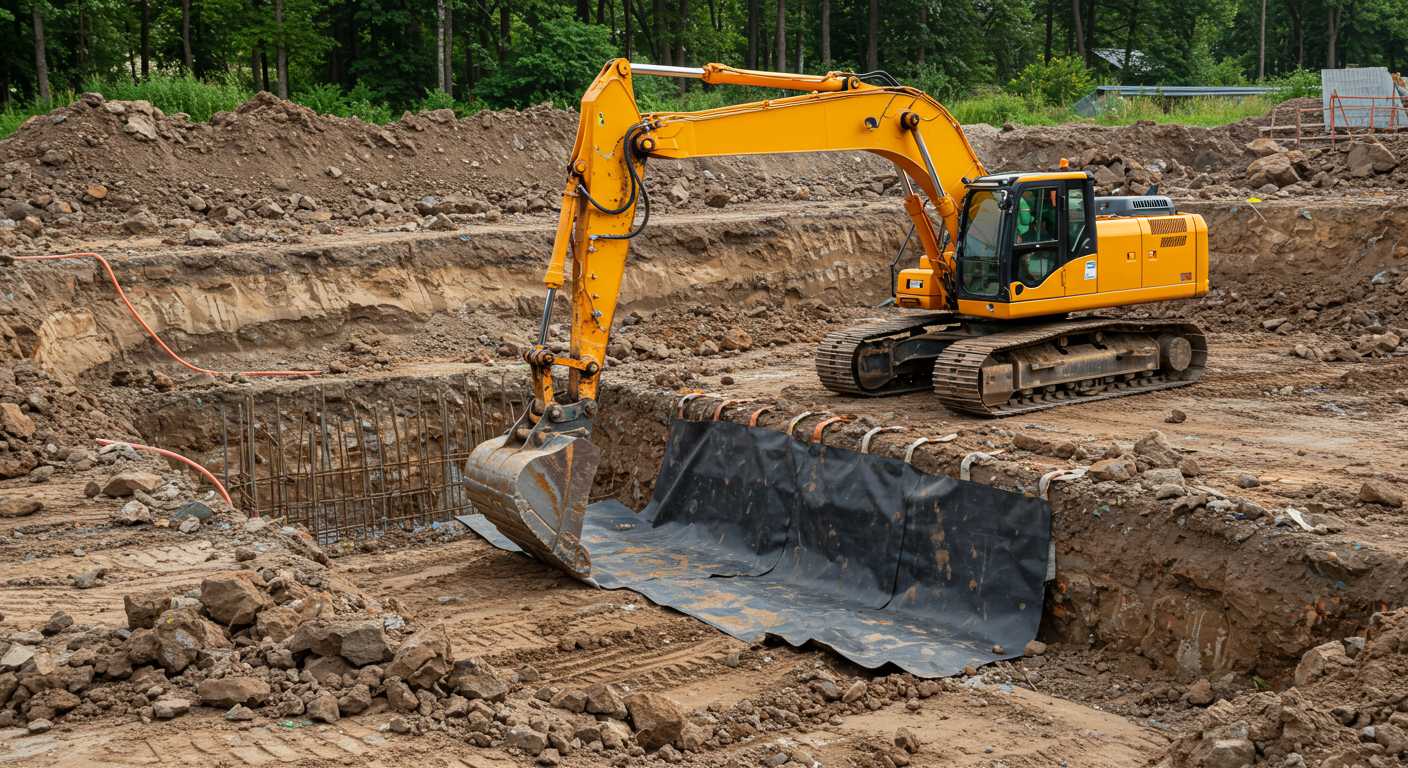 Экскаватор с усиленным ковшом при разработке котлована