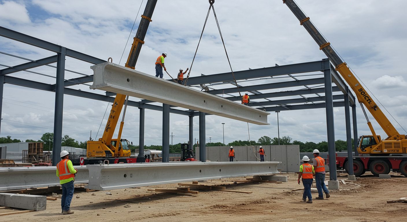 Монтаж сборных железобетонных балок на строительной площадке
