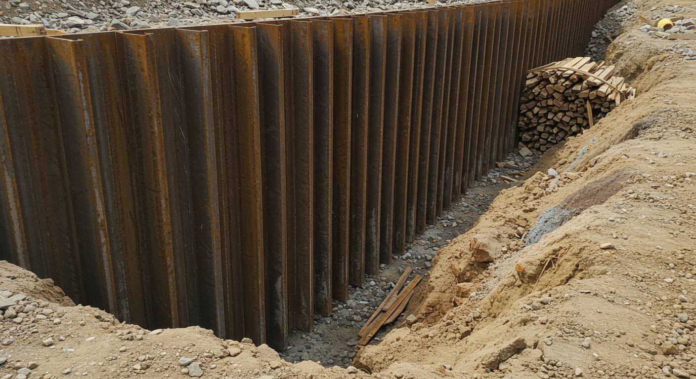 Деревянные сваи в ограждении котлована