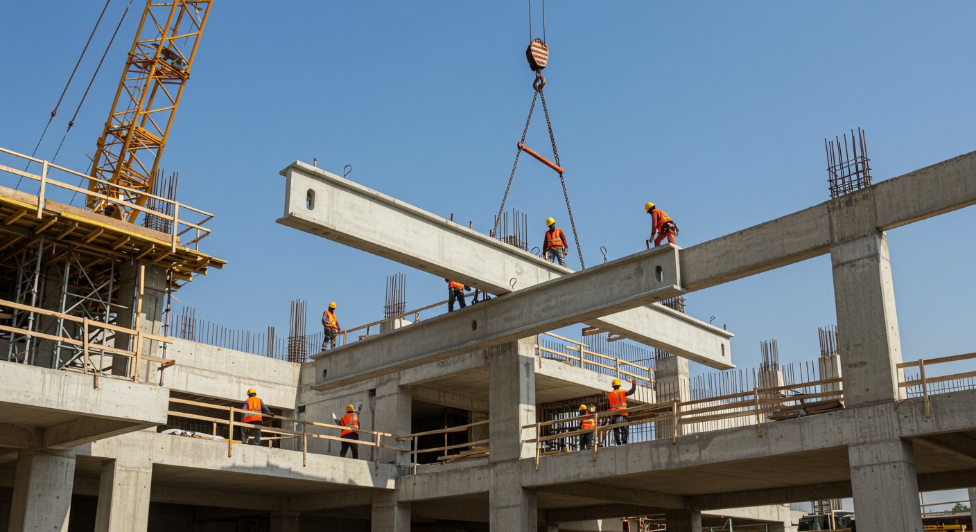Монтаж железобетонных балок перекрытий на стройплощадке