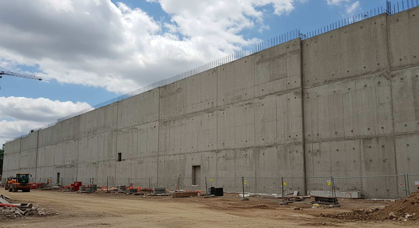 Монолитная подпорная стена на строительной площадке