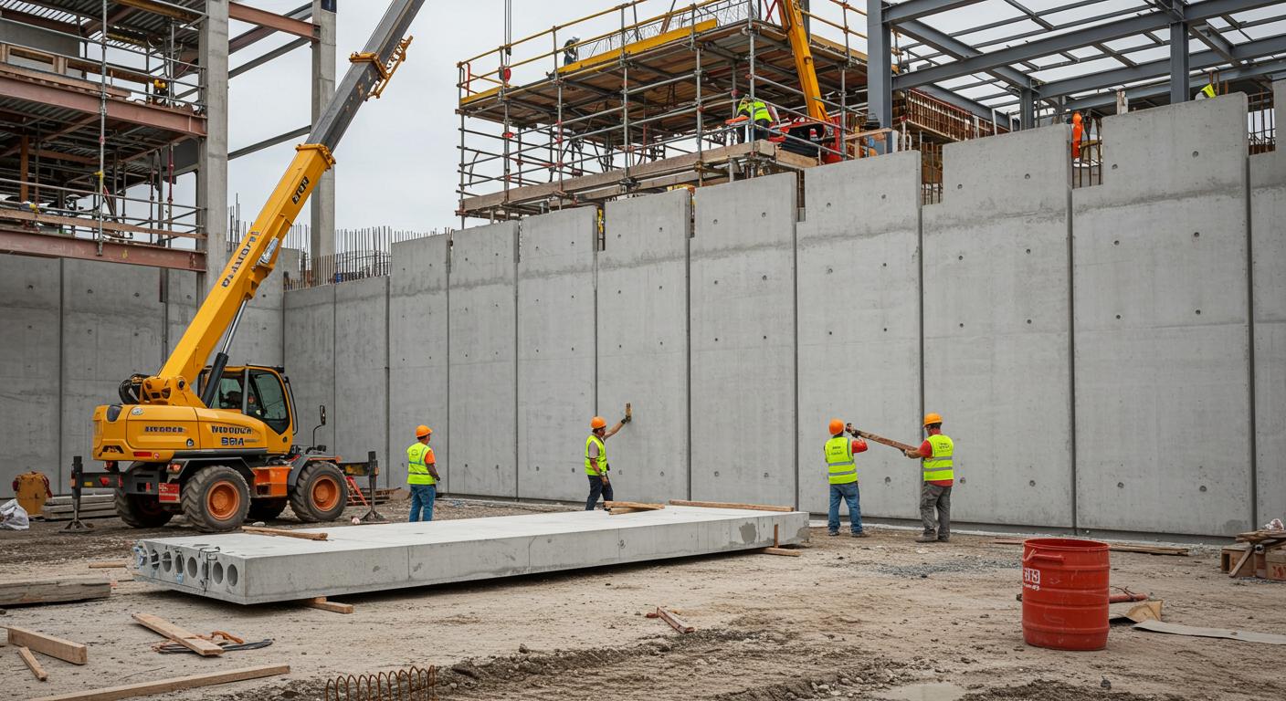 Монтаж сборных железобетонных стеновых панелей на строительном объекте