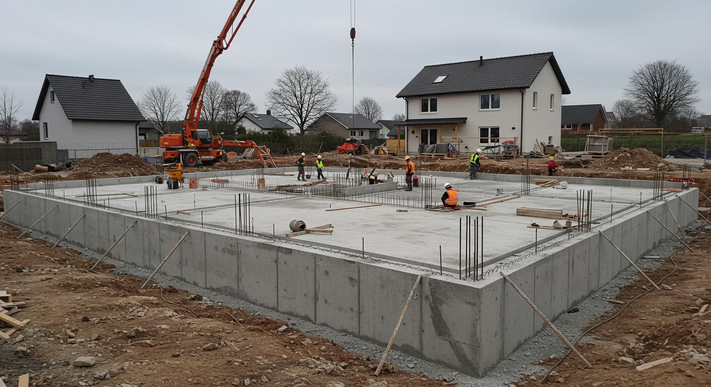 Монолитный фундамент частного дома на строительной площадке