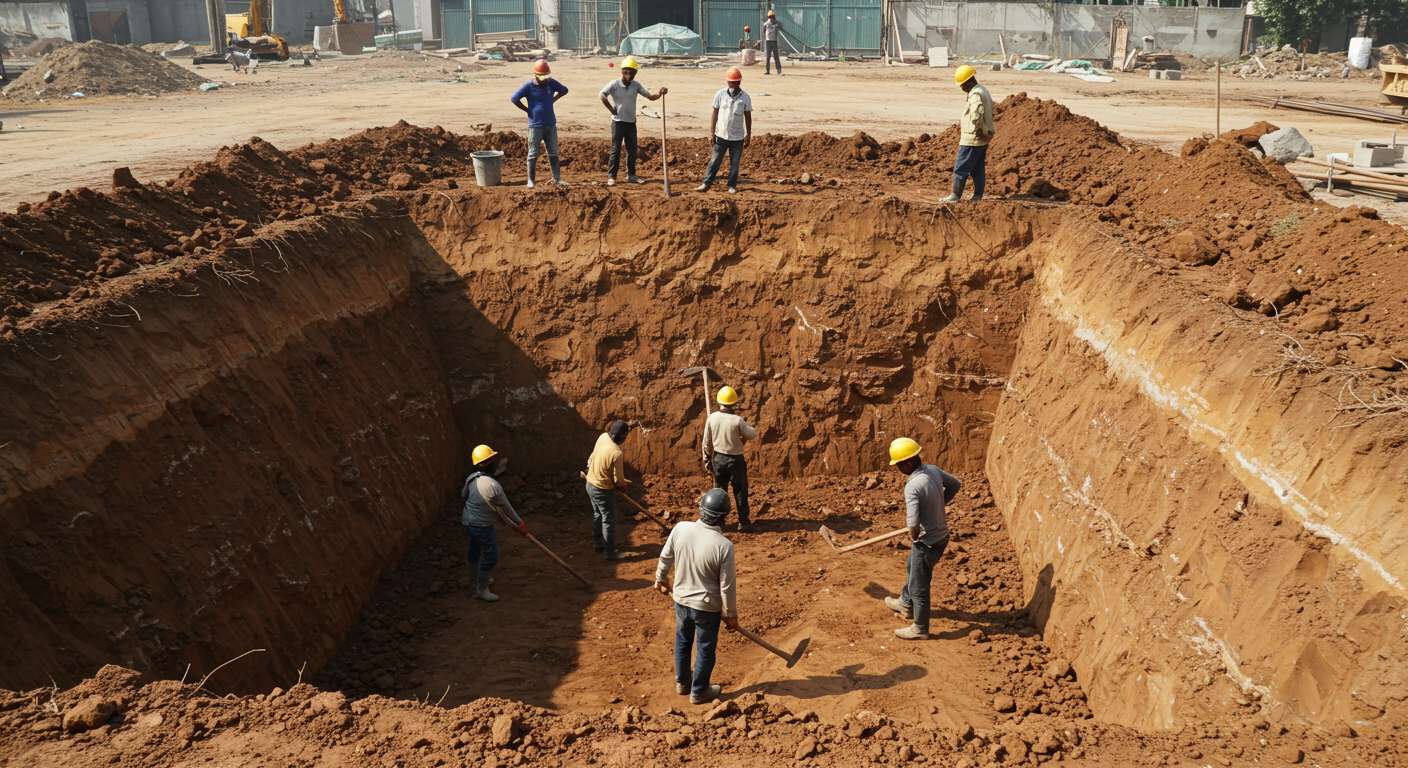 Ручная разработка котлованов с высокой точностью Рабочие проводят ручные работы при разработке котлована