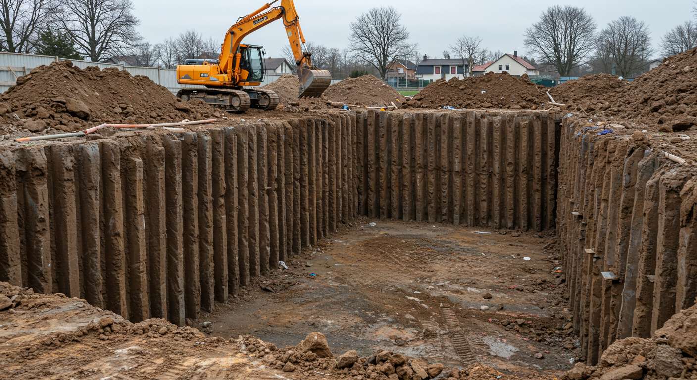 Укрепление стенок котлована металлическим шпунтом