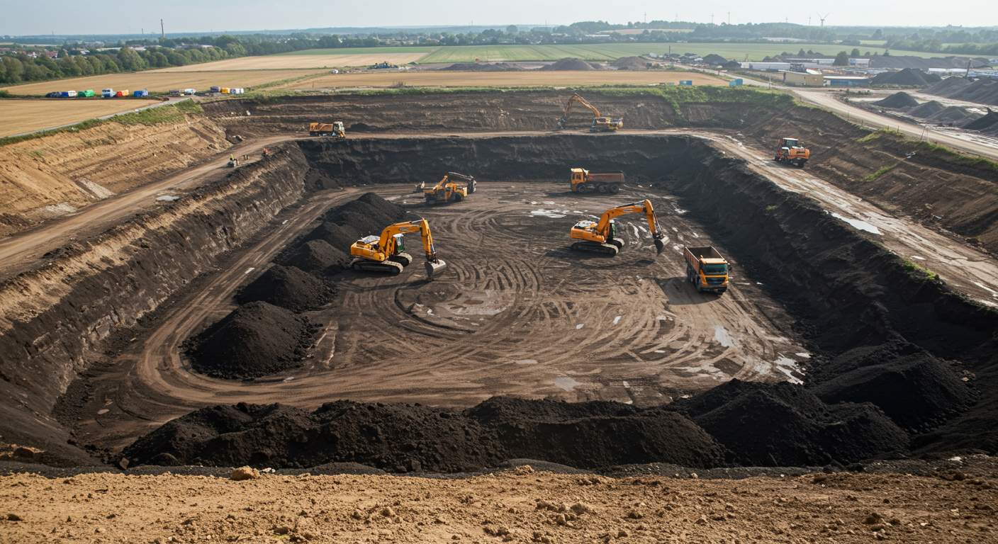 Процесс разработки котлована и вывоз торфа с территории строительства Разработка котлована с вывозом торфа