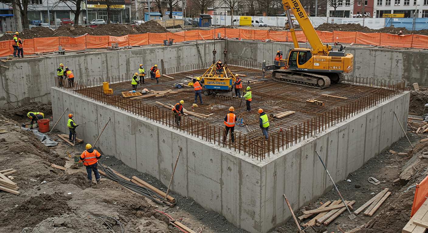 Монолитные фундаменты для общественных зданий Монолитный фундамент для общественного здания на стадии строительства