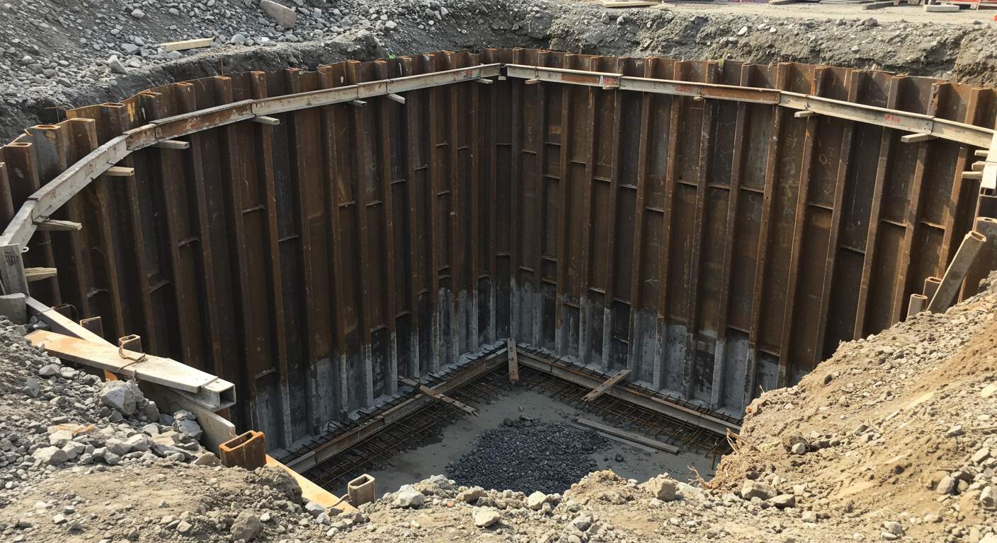 Деревянно-металлическое ограждение котлована на стройплощадке