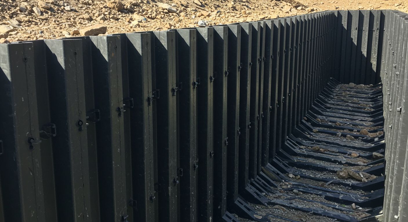 Пластиково-металлические ограждения котлована на строительной площадке