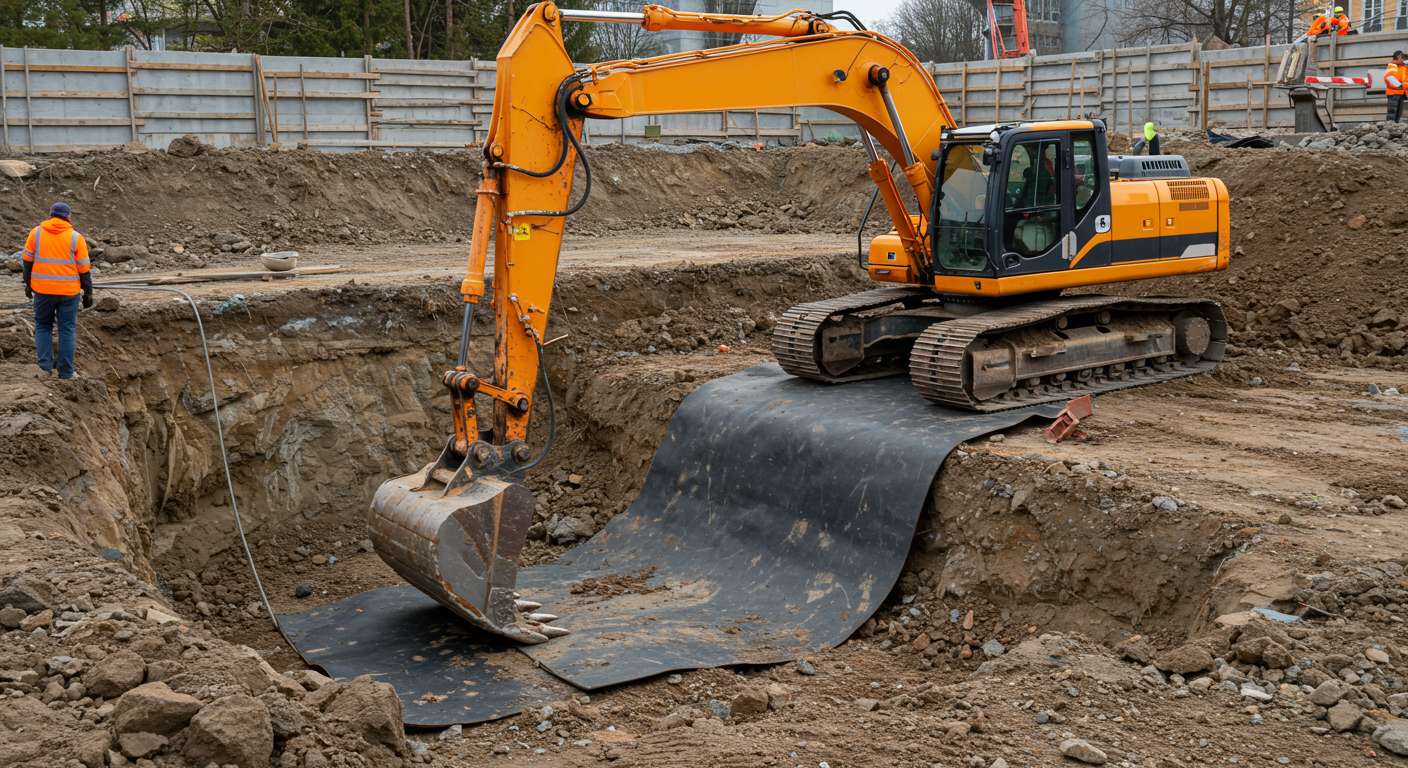 Экскаватор с усиленным ковшом при разработке котлована