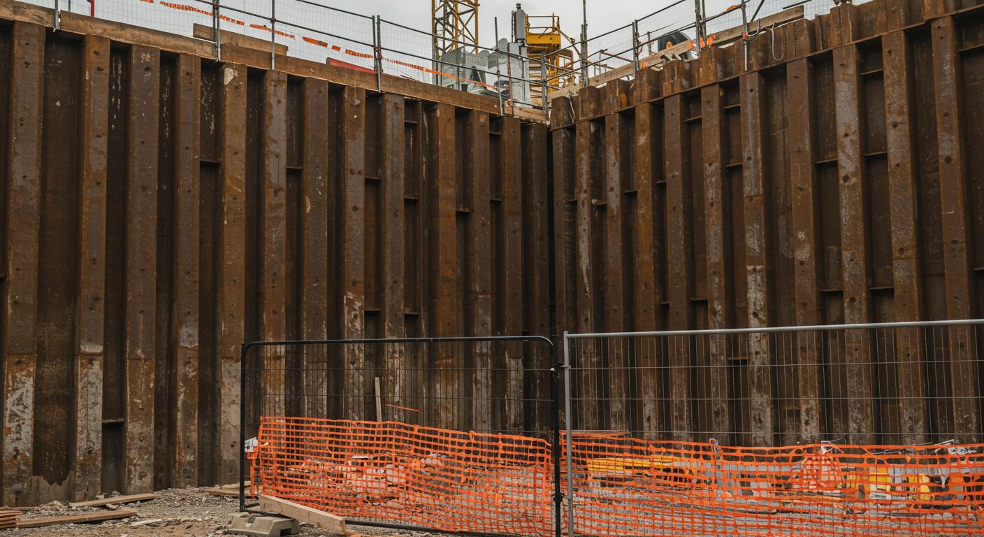 Надежные железобетонно-пластиковые ограждения для строительных котлованов Железобетонно-пластиковые ограждения котлована на стройплощадке