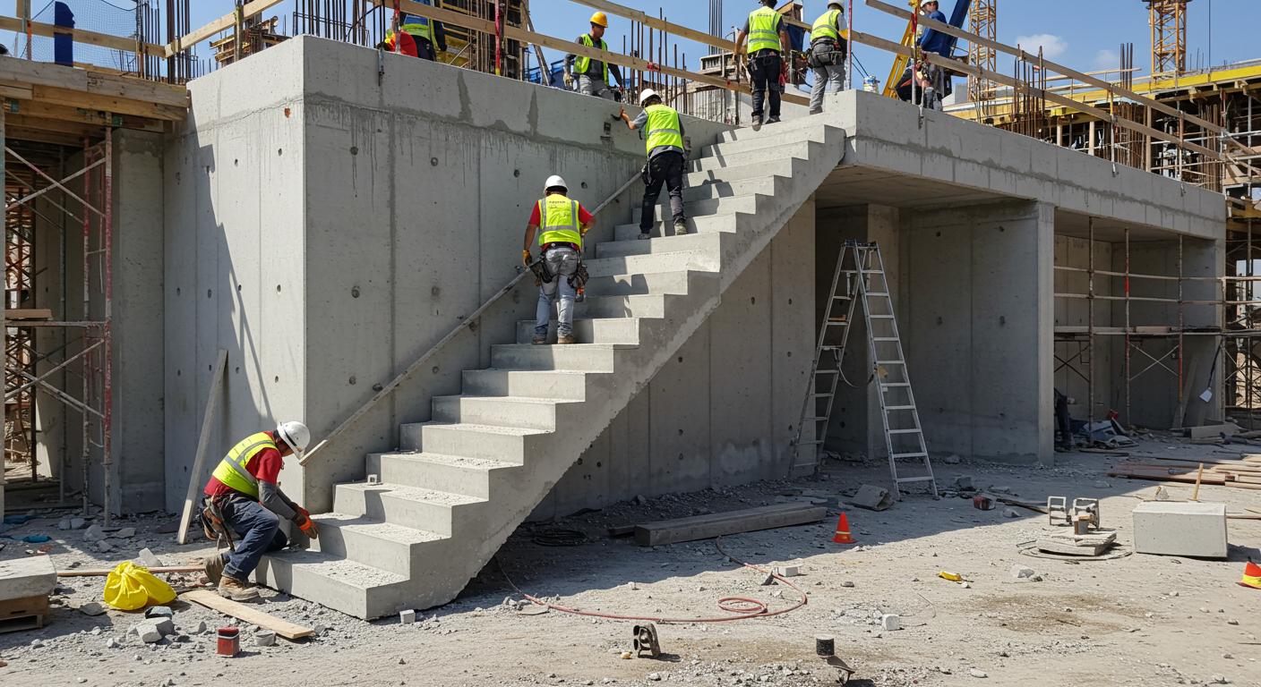 Установка сборных железобетонных лестниц на строительной площадке Монтаж сборных железобетонных лестниц