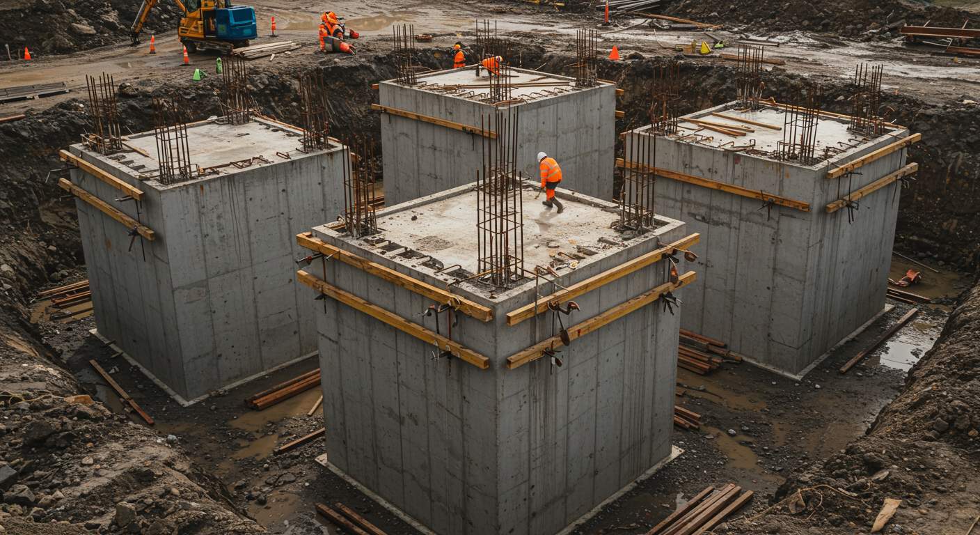 Монолитный фундамент со съемной опалубкой на строительном объекте