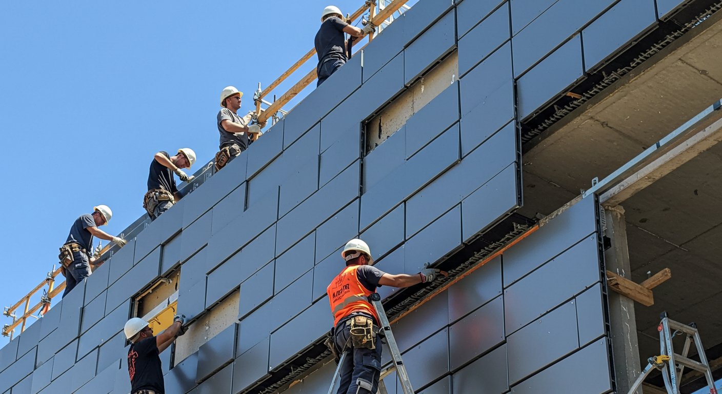 Монтаж металлических фасадных панелей Монтаж металлических фасадных панелей