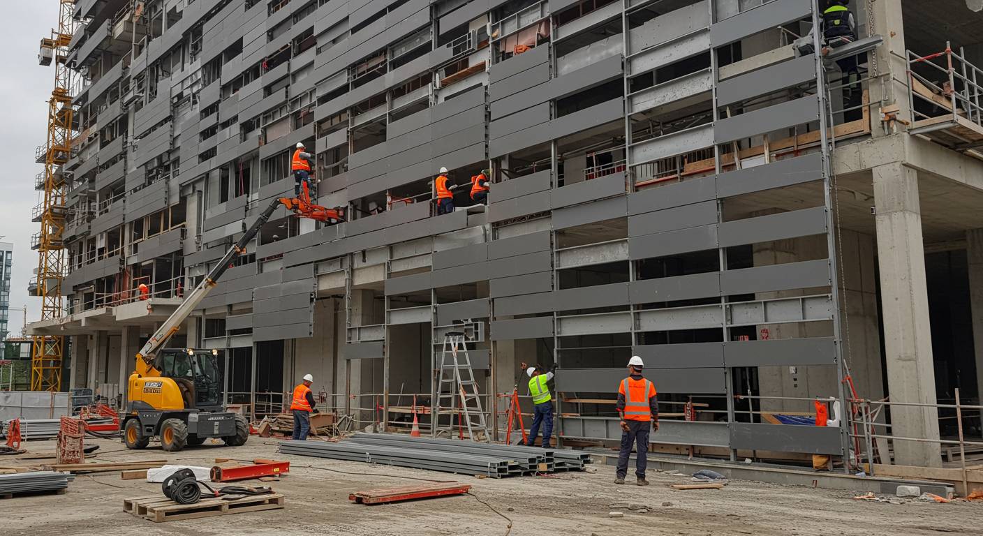 Монтаж стальных фасадных кассет