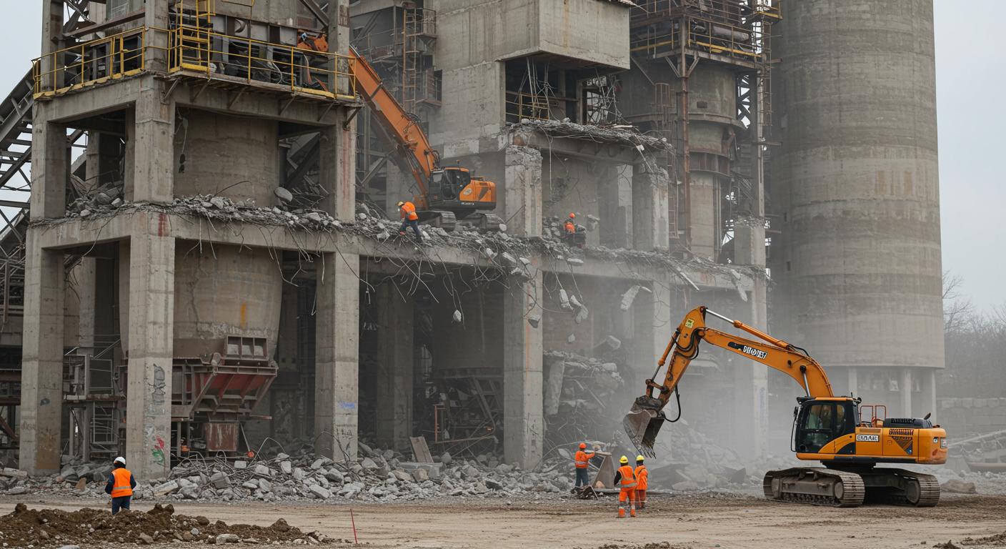Профессиональный демонтаж бетонных производственных помещений с применением спецтехники Демонтаж бетонных производственных помещений