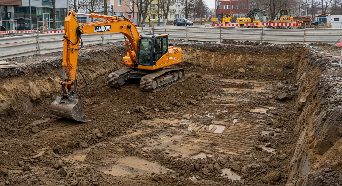 Разработка котлованов с гидромолотом в суглинке