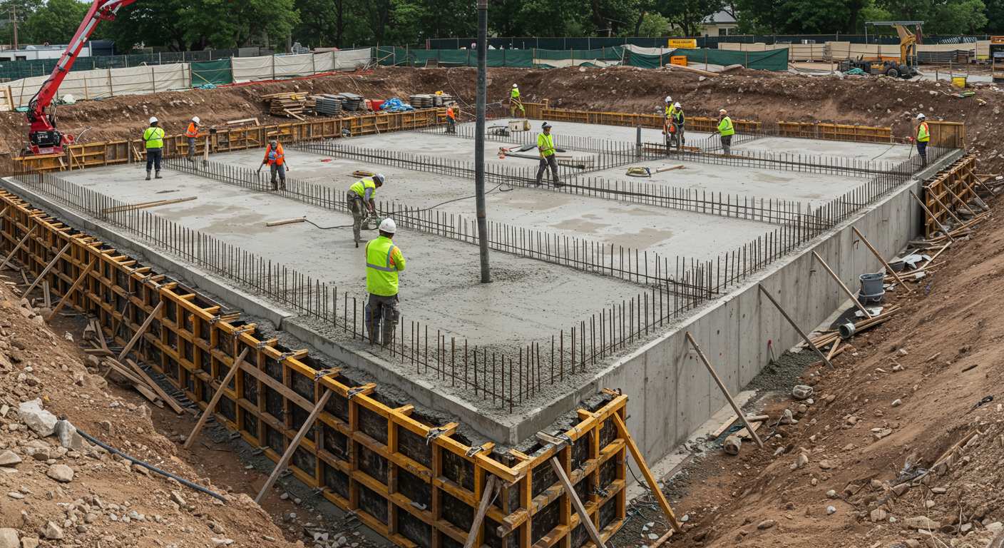 Монолитные фундаменты с применением бетононасоса