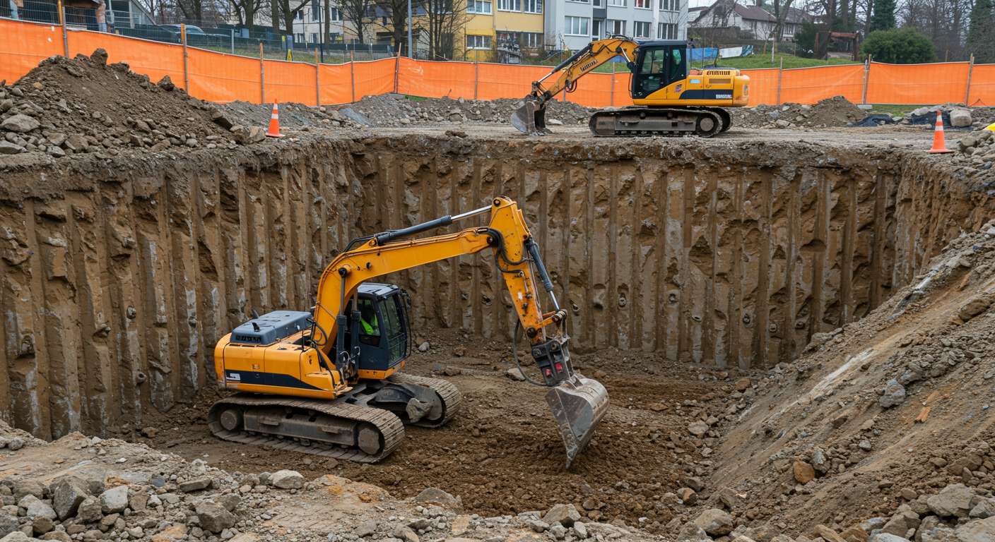 Разработка котлованов с гидромолотом с укреплением стенок
