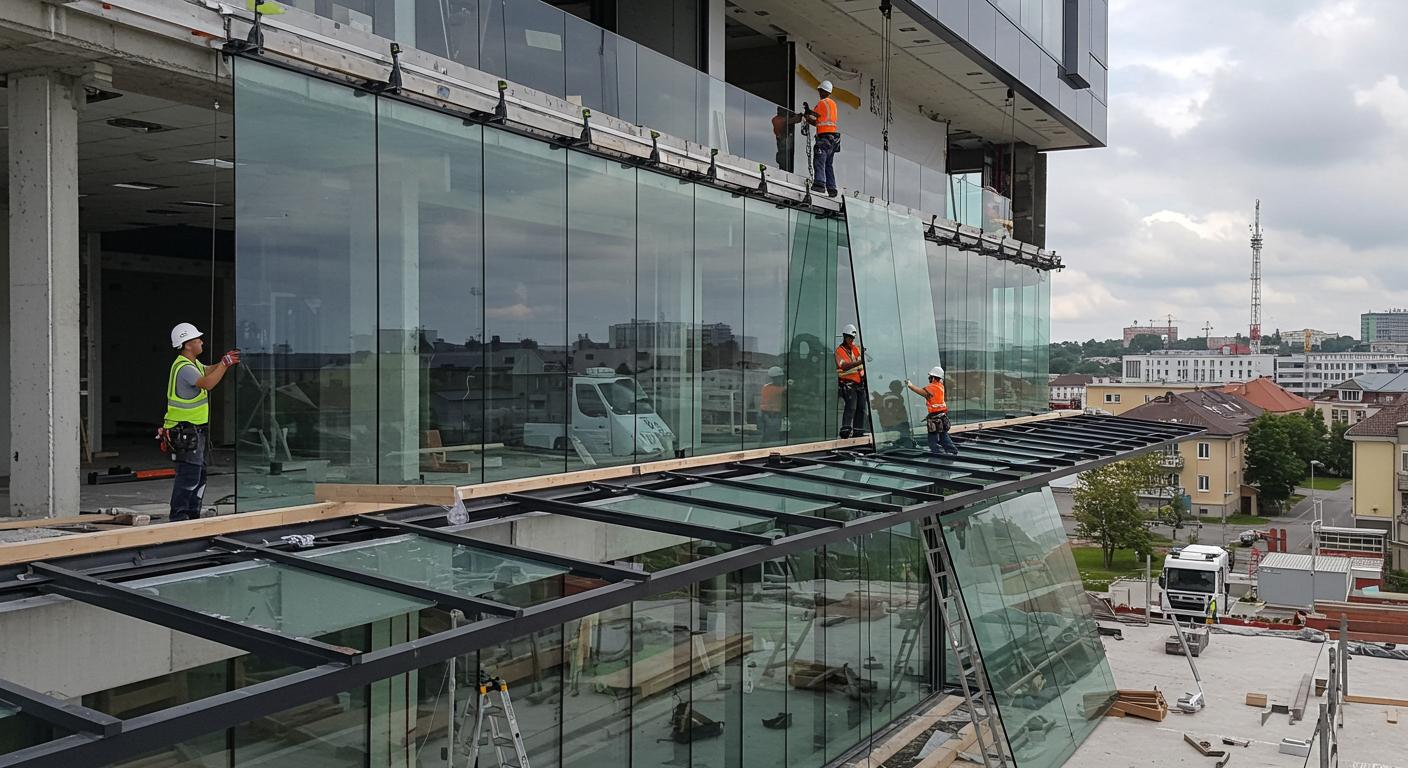 Монтаж безрамных стеклянных фасадов