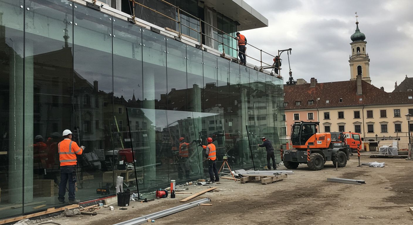 Монтаж безрамных стеклянных фасадов