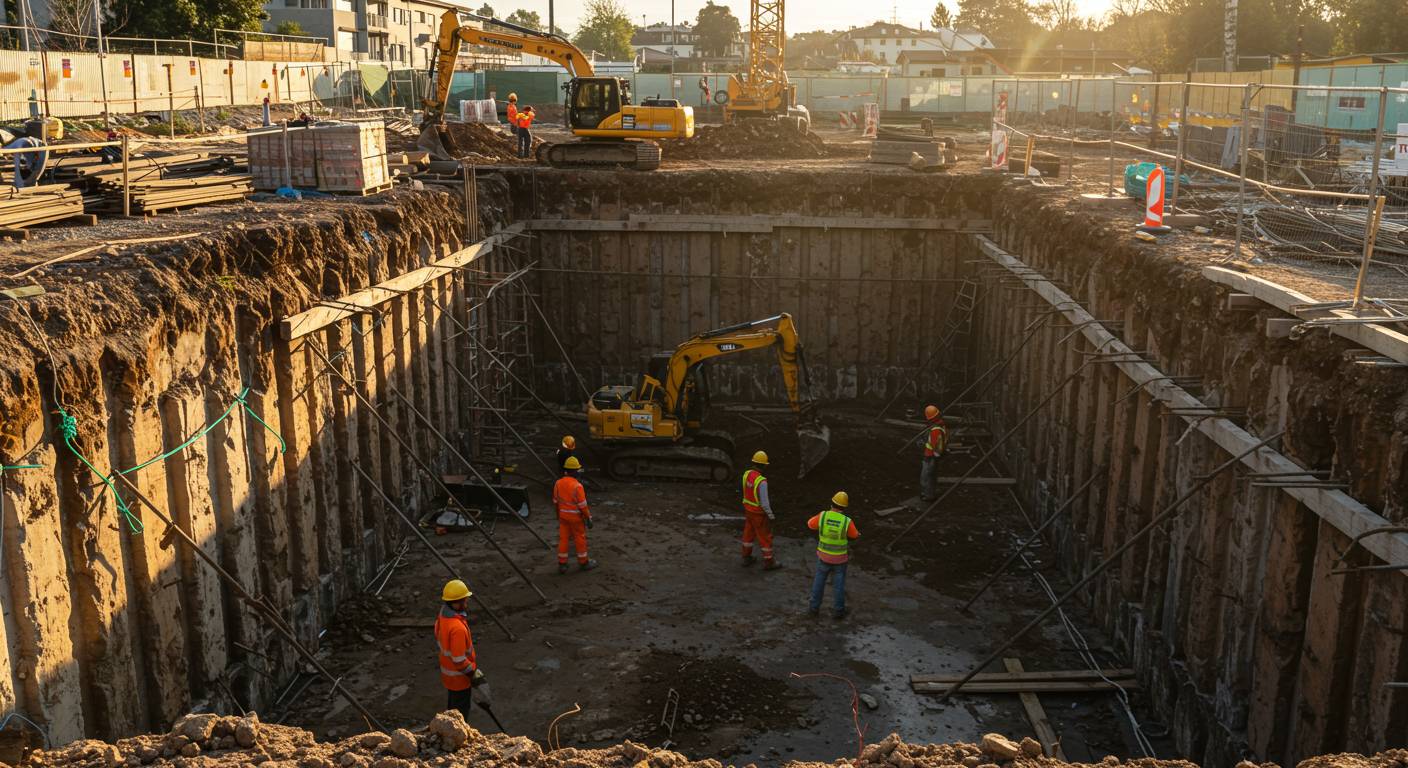 Разработка котлованов с креплением шпунтом Котлован с креплением шпунтом