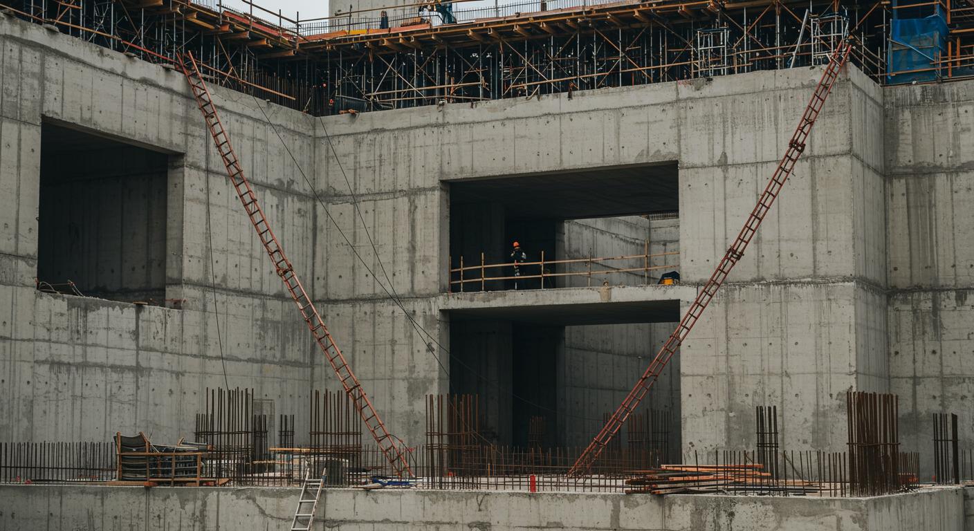 Виброуплотнение монолитной лестницы на строительной площадке