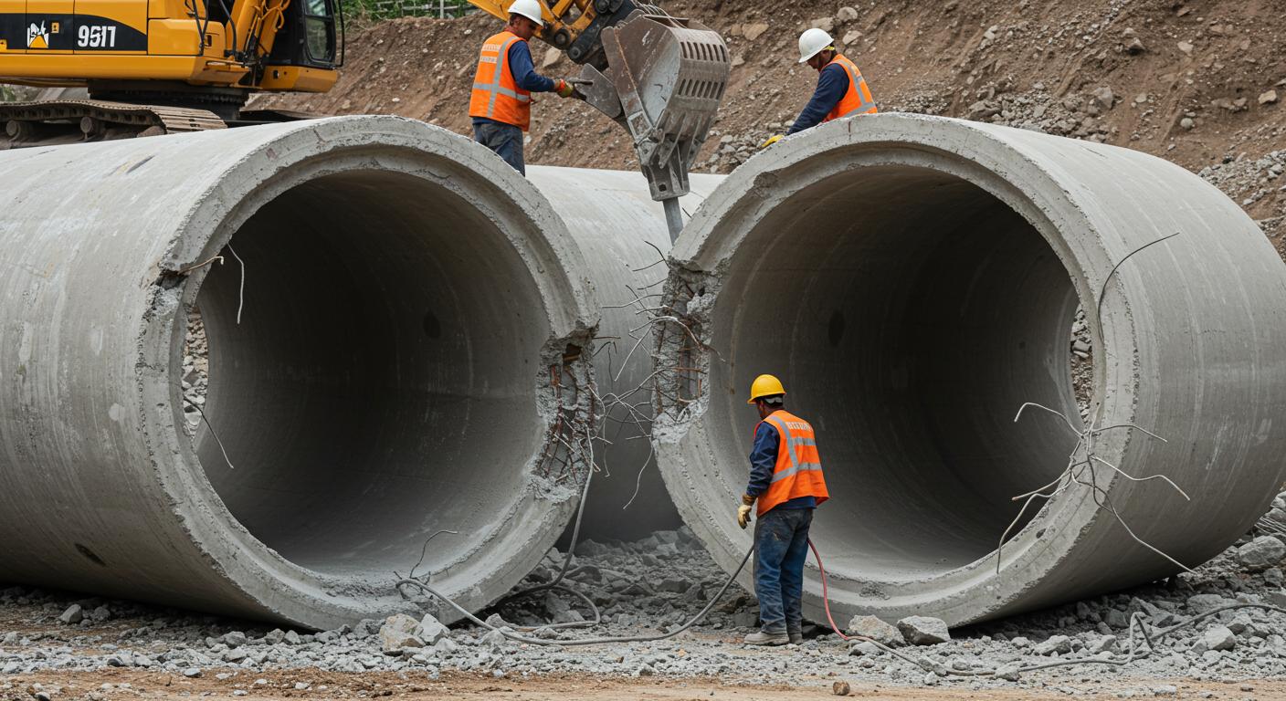 Профессиональный демонтаж бетонных труб Демонтаж бетонных труб на промышленном объекте