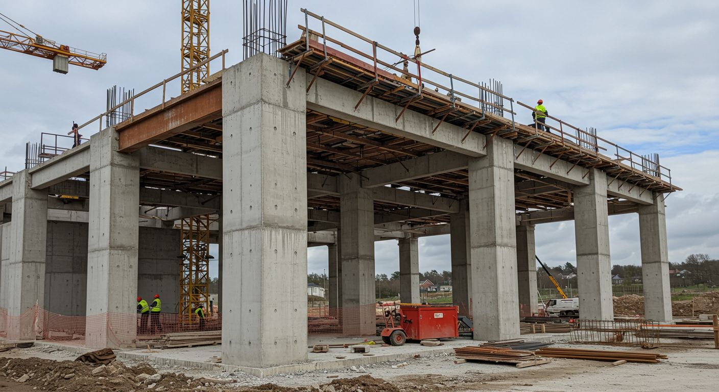 Монолитный каркас промышленного здания в процессе строительства