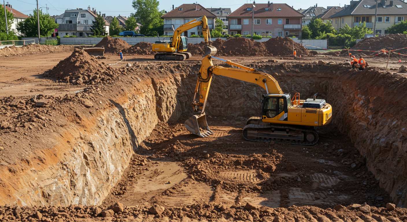 Экскаватор с обратной лопатой при разработке котлована