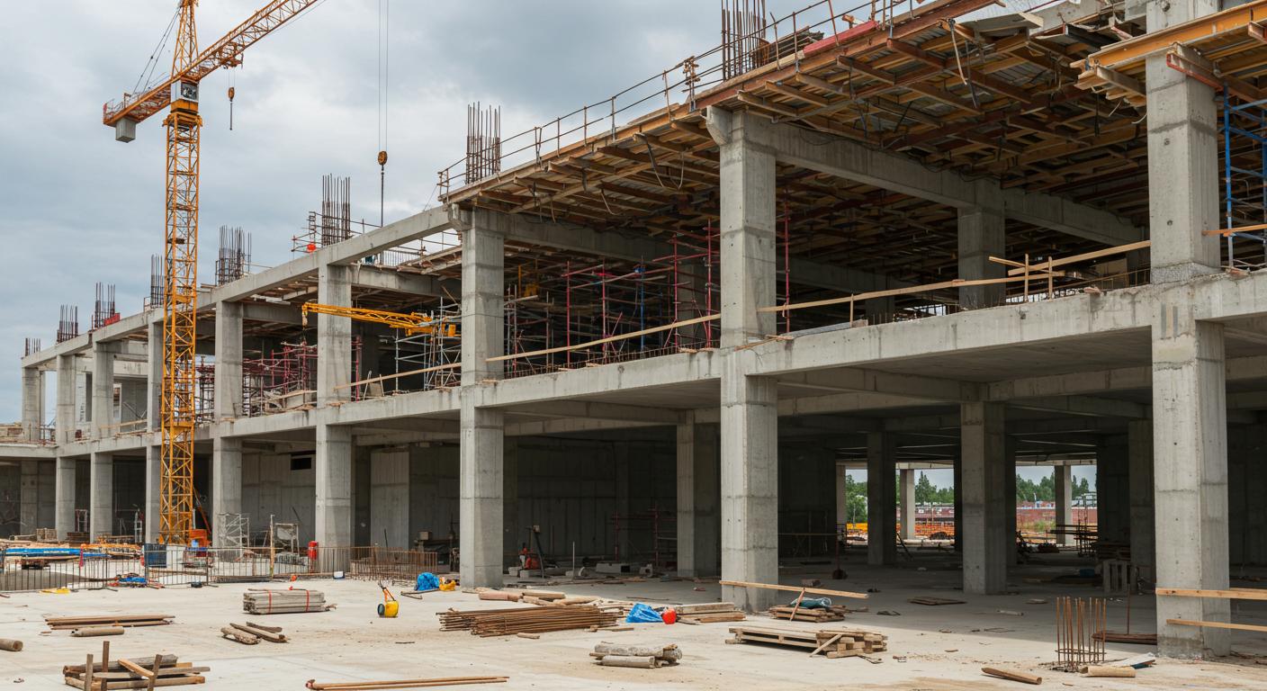 Монолитный каркас общественного здания в процессе строительства