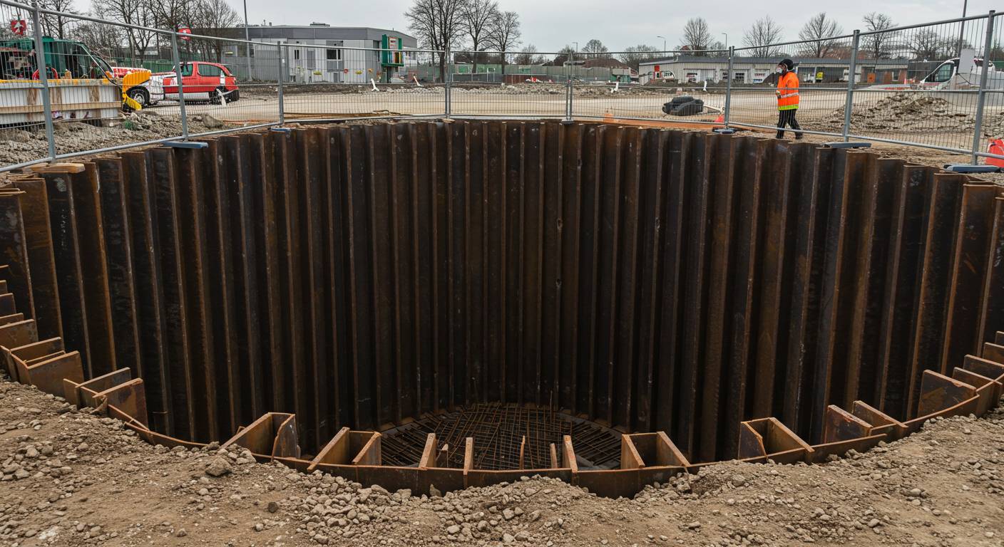 Монтаж металлического ограждения котлована Металлическое ограждение котлована на стройплощадке