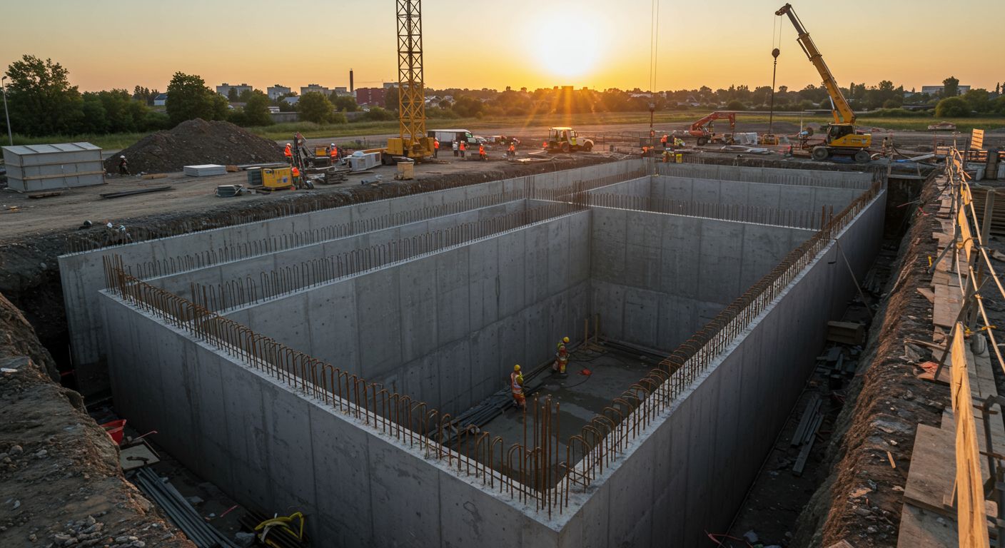Монолитное цокольное перекрытие на строительной площадке