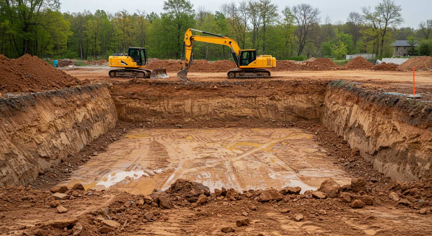 Бульдозер при разработке котлована в плотном грунте