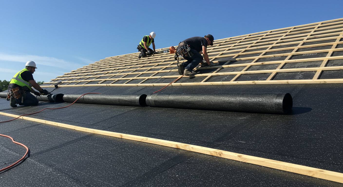Профессиональный монтаж битумной мягкой кровли нашей компанией Монтаж битумной мягкой кровли на коммерческом здании
