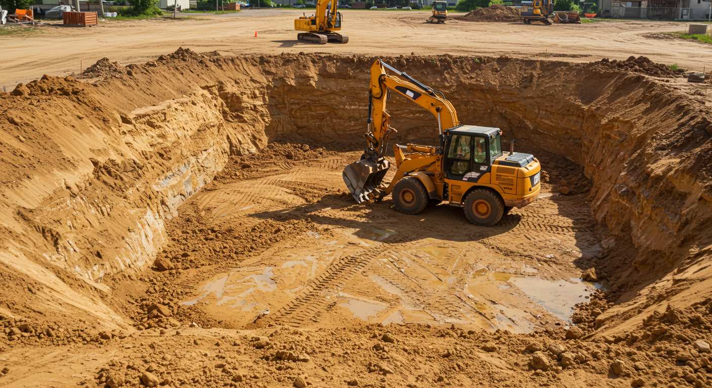 Разработка котлованов фронтальными погрузчиками в песчаном грунте