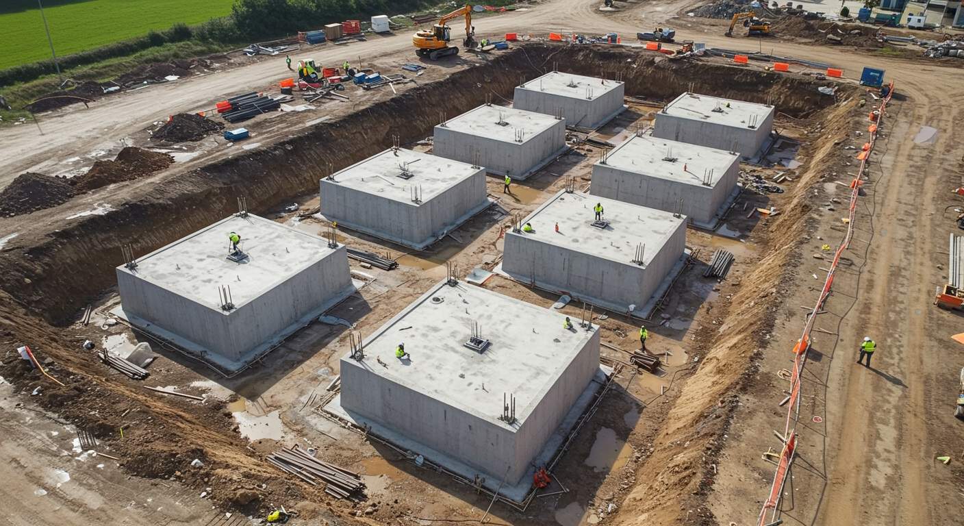 Монолитный ленточный фундамент на строительной площадке