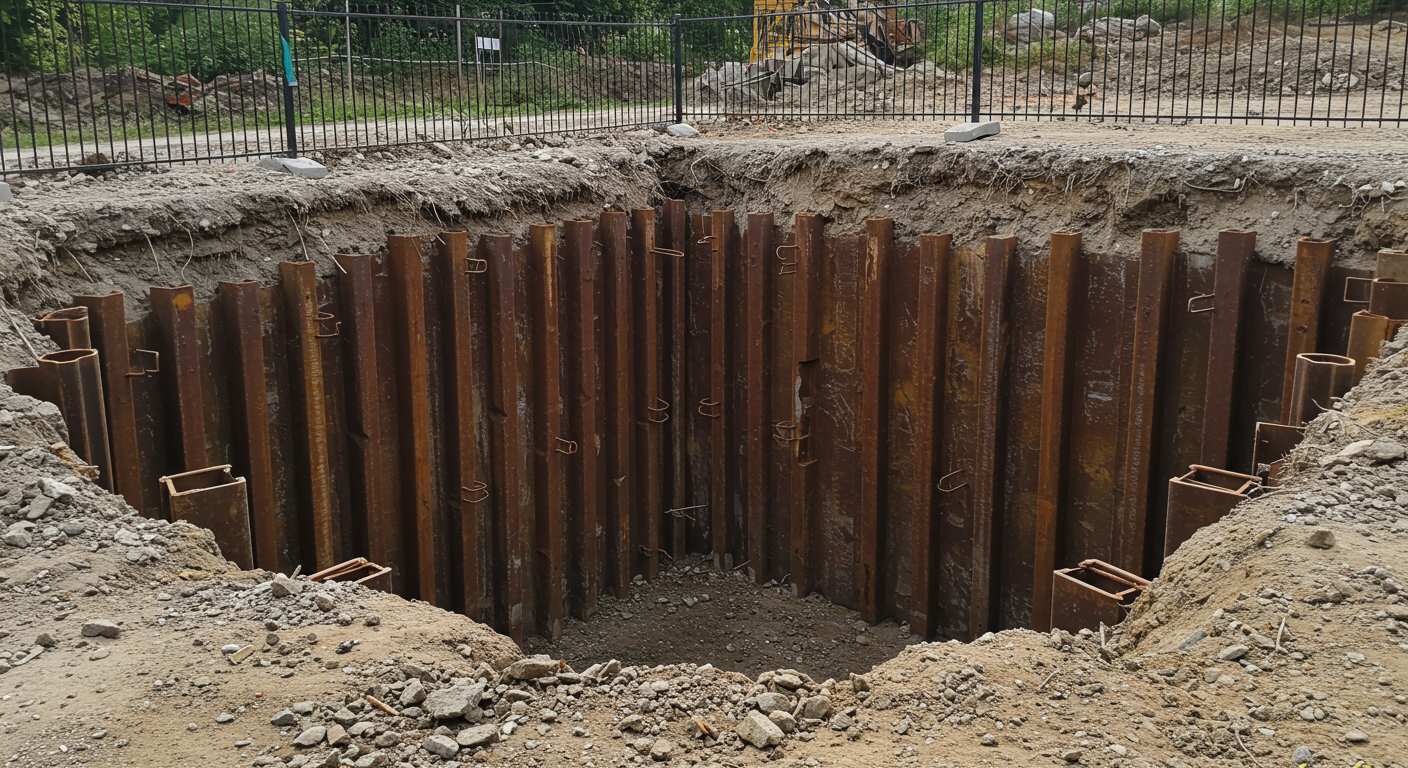 Монтаж железобетонного ограждения котлована Железобетонное ограждение котлована на стройплощадке